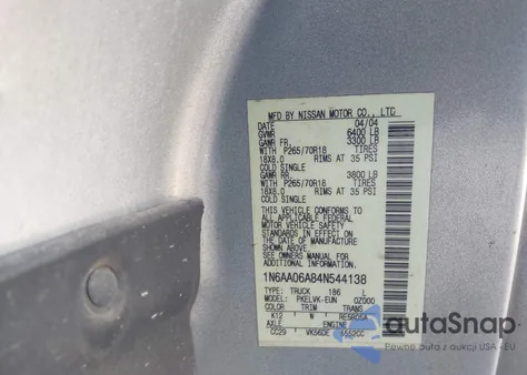 2004 Nissan Titan Le from USA, damaged, VIN 1N6AA06A84N544138